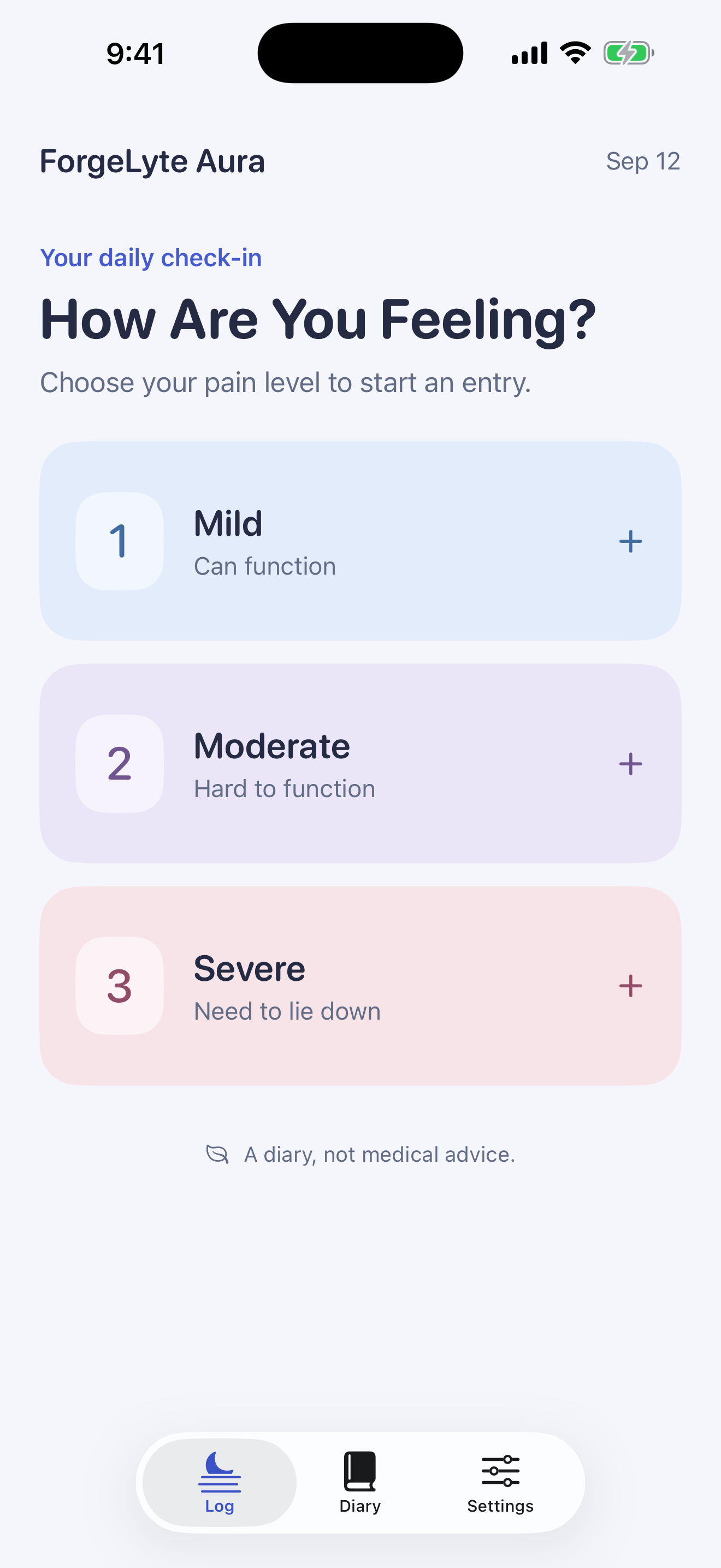 Aura’s light-mode daily check-in, with mild, moderate, and severe pain levels