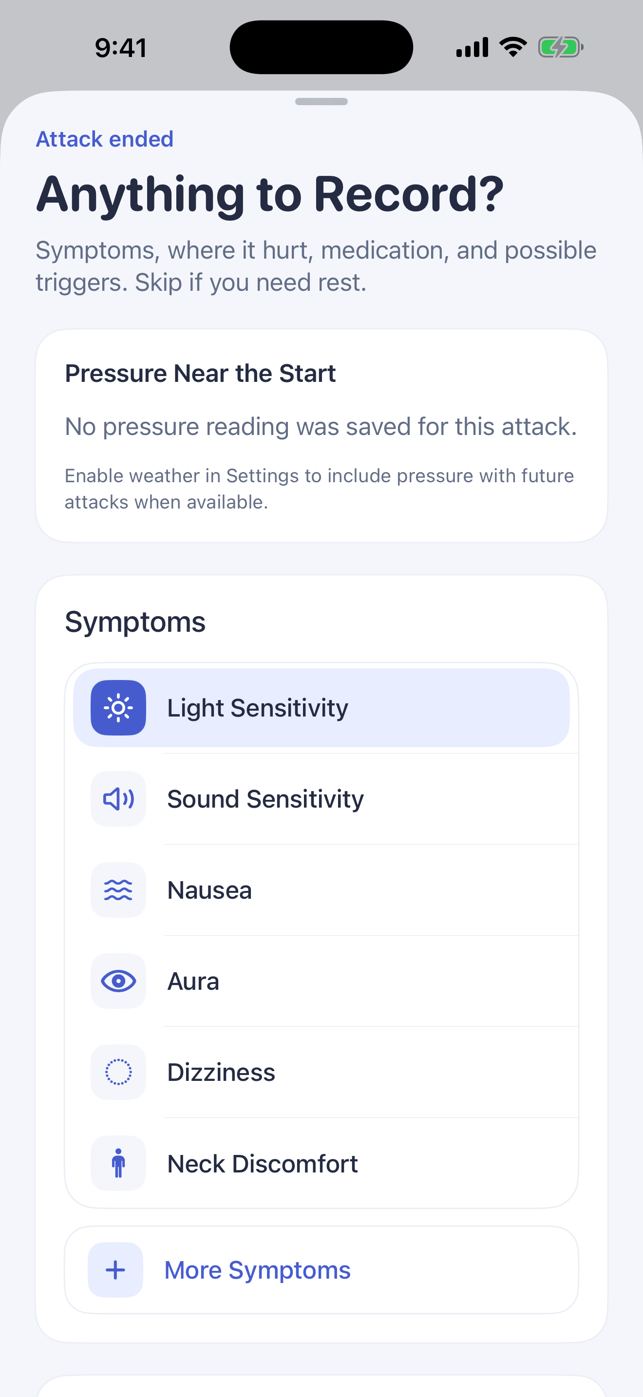 Aura entry screen for symptoms, pain locations, and medication