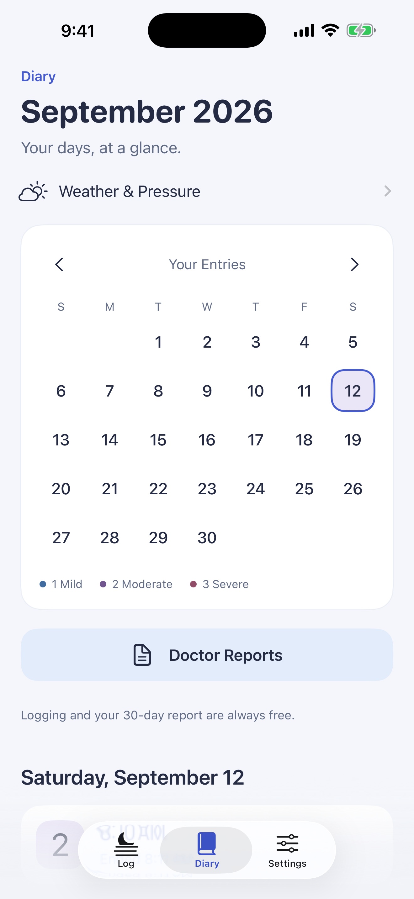 Aura’s diary calendar showing recorded pain levels